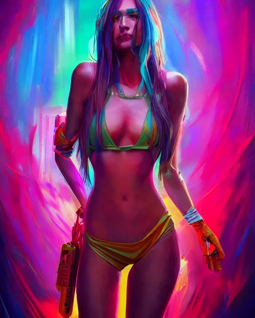 Image similar to colorful 3 / 4 body shot of a female hippie, set in the future 2 1 5 0 | highly detailed | very intricate | symmetrical | professional model | cinematic lighting | award - winning | painted by mandy jurgens and ross tran | pan futurism, dystopian, bold psychedelic colors, cyberpunk, groovy vibe, anime aesthestic | featured on artstation