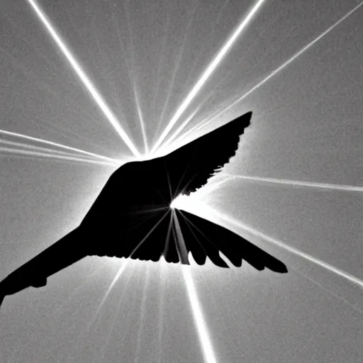 Image similar to a giant bird shooting lasers through his eyes, conspiracy photo, top secret, black and white, grained