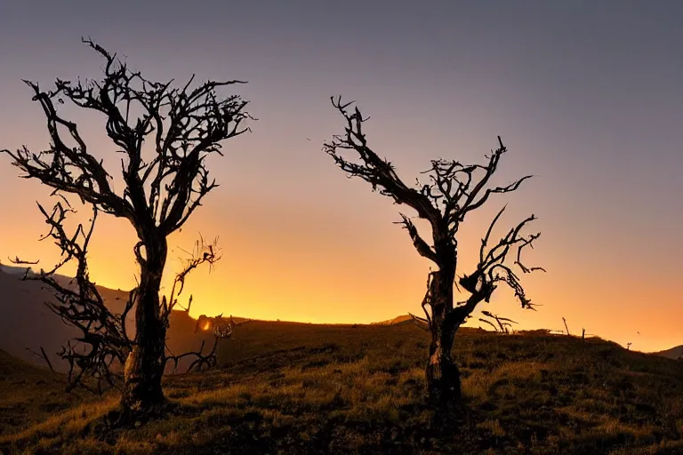 Image similar to A beautiful landscape photography of Ciucas mountains mountains, a dead intricate tree in the foreground, sunset, dramatic lighting by Anselm Adams and Albrecht Durer,