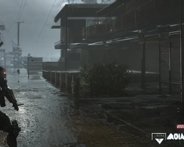 Prompt: Metal Gear Solid V: Ground Zeroes 4K screenshot max settings wet rainy dark reflections