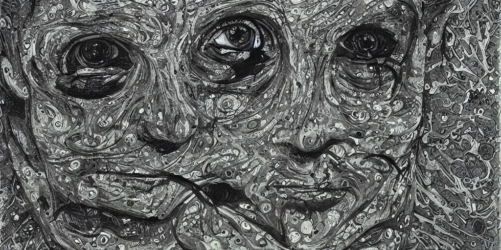 Image similar to camo of eyes, technical, acrylic, teeth, eerie, tribal, clay, dots, lines, stipple, points, grid, cybernetic, old painting, francis bacon art, swirly eyes, hypnosis, eerie, terror, oil, neon, black and white, splotches