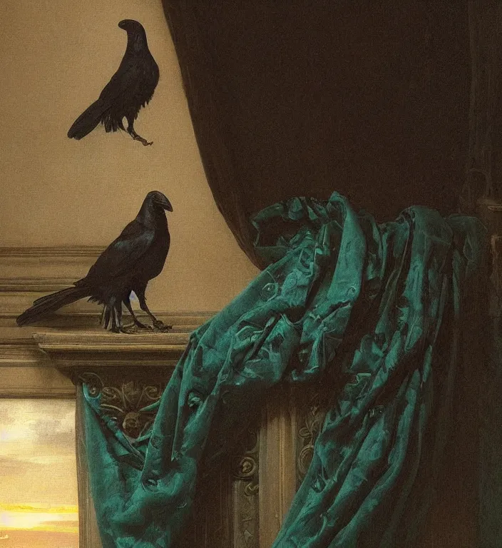 Image similar to a beautifully photoreal clear detailed victorian portrait of a close up raven on a victorian windowsill with an ornate velvet dark teal curtain at beautiful sunset daytime nature sunlit painting by frederic leighton and turner and morris and rosetti, 8 k, octane render