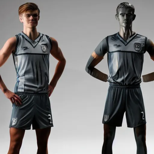 Image similar to a realistic detailed photo of a guy who is an attractive humanoid who is half robot and half humanoid, who is a male android, soccer player martin ødegaard, shiny skin, posing like a statue, blank stare, in a living room, on display, showing off his muscles, with a twin