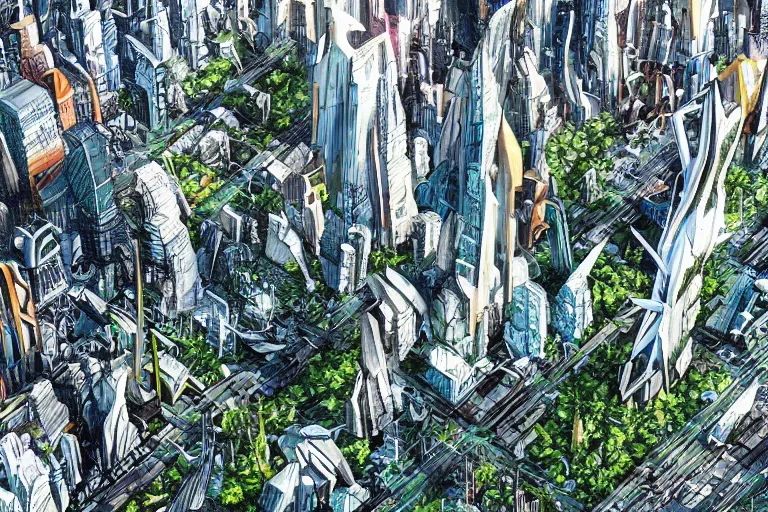 Prompt: birds eye view of a gigantic drift wood monster looming over a bright and lush futuristic city by Makoto Aida