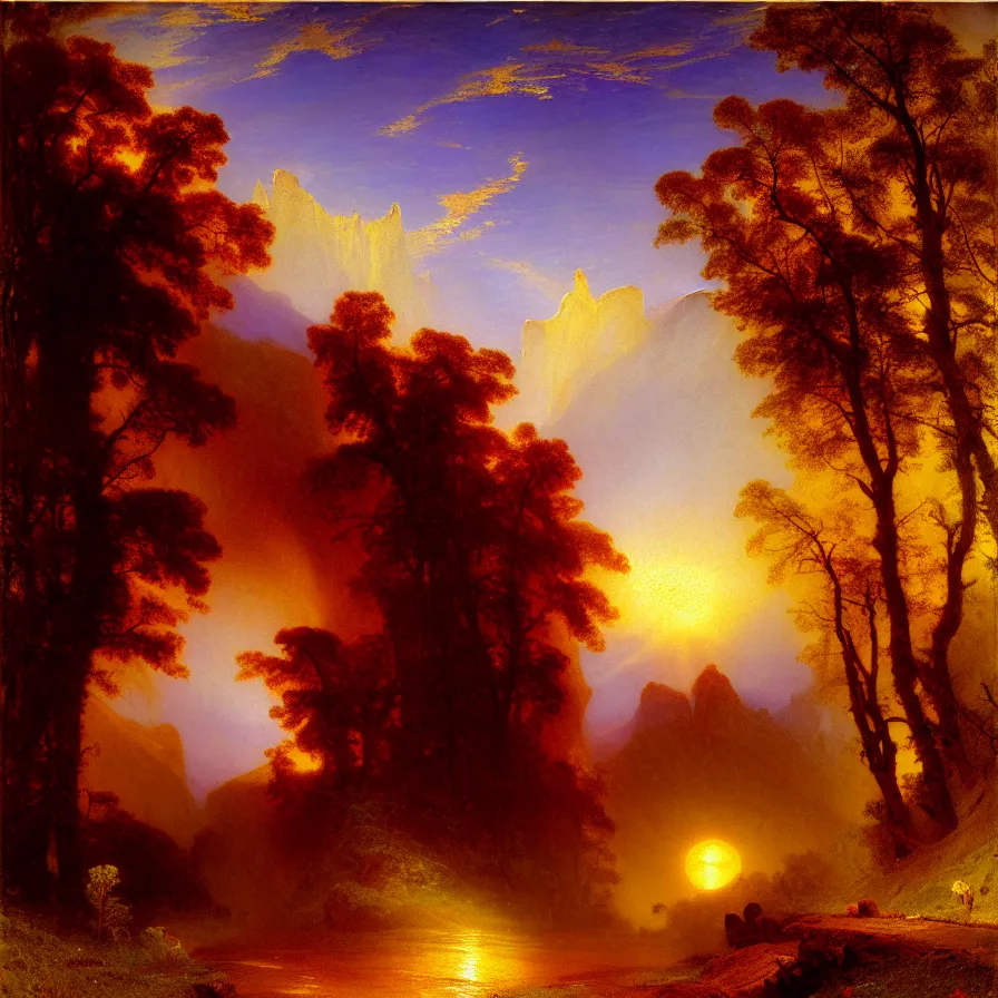 Image similar to a road that goes towards the sunrise, painted by thomas moran and albert bierstadt