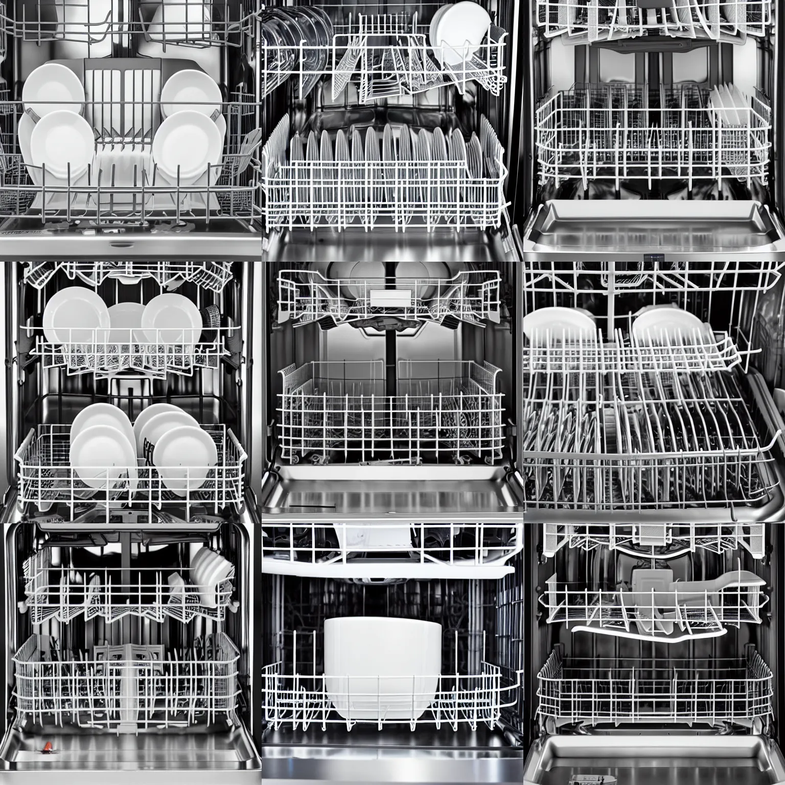 Prompt: inside of a dishwasher, containing one iron skillet in the dishwasher racks, the skillet is rusty, highly detailed, high quality, HD, 4k, 8k, Canon 300mm, professional photographer, 40mp, lifelike, top-rated, award winning, realistic, sharp, no blur, edited, corrected, trending