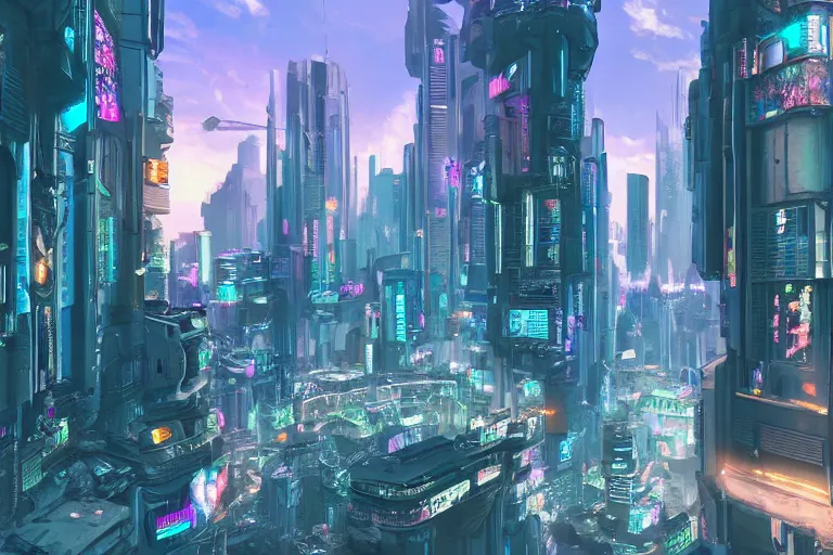 Image similar to optimistic bright utopian futuristic cyberpunk city, daytime, extremely realistic, extremely detailed