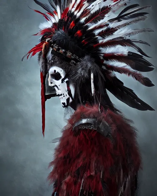 Image similar to the ghost - spirit of the grim - warpaint wears the scarlet skull armor and native blood headdress feathers, midnight fog - mist!, dark oil painting colors, realism, cinematic lighting, various refining methods, micro macro autofocus, ultra definition, award winning photo