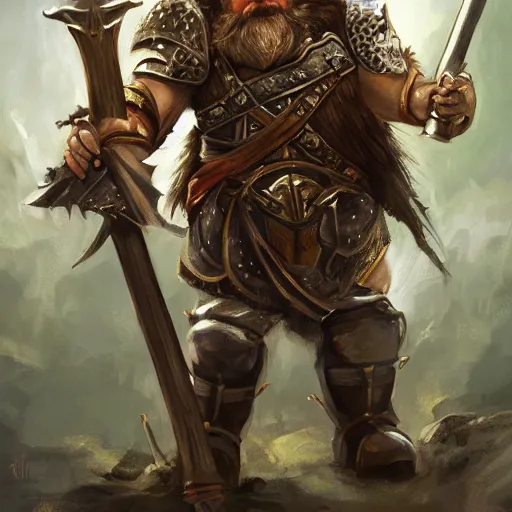 Prompt: High Fantasy whimsical portrait painting of a bearded dwarf holding a battleaxe, leg high, fantasy clothing, golden shoulder pauldrons, cgsociety, trending on artstation, dnd