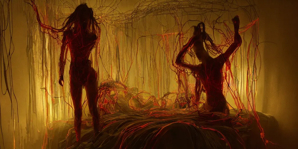 Image similar to rgb, glowing, extreme rage, maximalist bedroom, woman, cinematic, movie scene, inspired by zdzislaw beksinski, clothes made out of veins,, cables everywhere, bedroom, ultra realistic, concept art, intricate details, highly detailed, photorealistic, octane render, 8 k