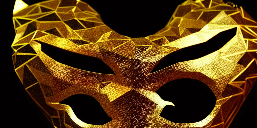 Image similar to prism samurai tiger mask, product photography, deep black background, fantasy, highly detailed, texture, shimmering, wlop, concept art, digital art, symmetrical features, 8k, golden-ratio, canvas, Wangechi Mutu, artstation, rule of thirds