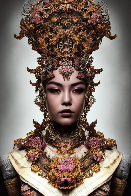 Image similar to a beautiful empress portrait, with a brilliant, impossible striking big organic matter subsurface scattering material headpiece, clothes entirely made out of organic subsurface scattering material, symmetrical, dramatic studio lighting, rococo, baroque, jewels, asian, hyperrealism, closeup, D&D, fantasy, intricate, elegant, highly detailed, digital painting, artstation, octane render, 8k, concept art, matte, sharp focus, illustration, art by Artgerm and Greg Rutkowski and Alphonse Mucha