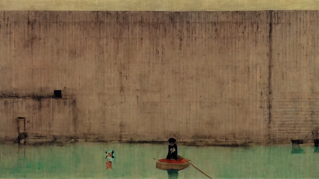 Image similar to a chinese prison near a river by peter doig, muted colors