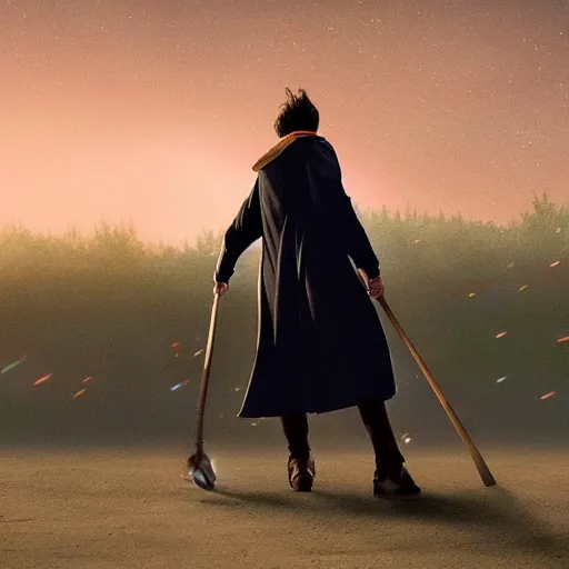 Prompt: Harry potter riding a broomstick, back view, cinematic shot, movie still, nighttime, motion lines, photorealistic, intense scene, visually coherent, symmetry, rule of thirds, movement, vivid colors, crescent moon, Tooth Wu, Asher Duran, Greg Rutkowski, Minor Blur, 8k