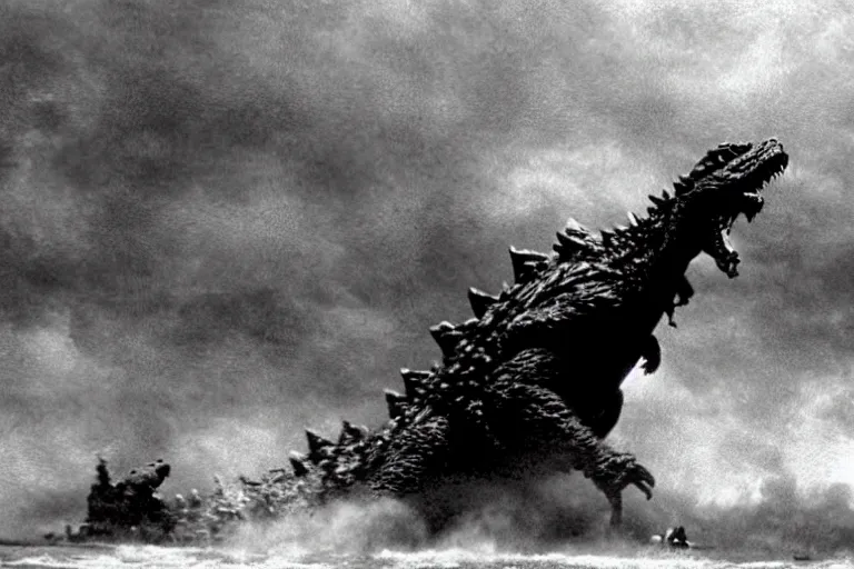 Image similar to film still godzilla!!! storming the beach of normandy in saving private ryan