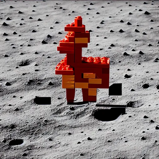 Image similar to squared head rooster building a man made of legos on the moon