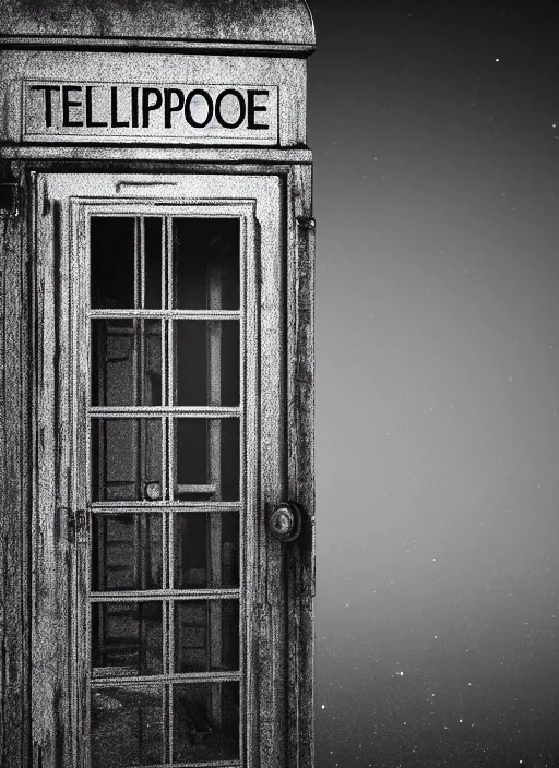 Image similar to an old abandoned telephone booth at the edge of the universe at night, film grain, misty, moody, sinister, ambient lighting, cinematic color grading, 8 k render, hyper realistic, realistic, unreal engine 5 render