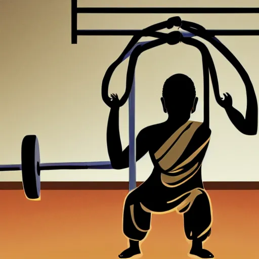 Prompt: the buddha lifting weights in the gym