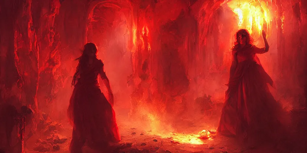 Image similar to woman in red opening a portal to hell in a village, beautiful composition, wide angle, colorful, cinematic, volumetric lighting, intricate details painting, by art germ, by greg rutkowski