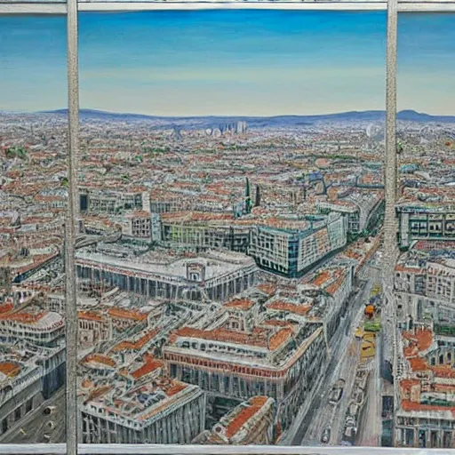 Image similar to bird's eye view of Madrid from Azca, realist painting by Isabel Quintanilla, 1981, W 768