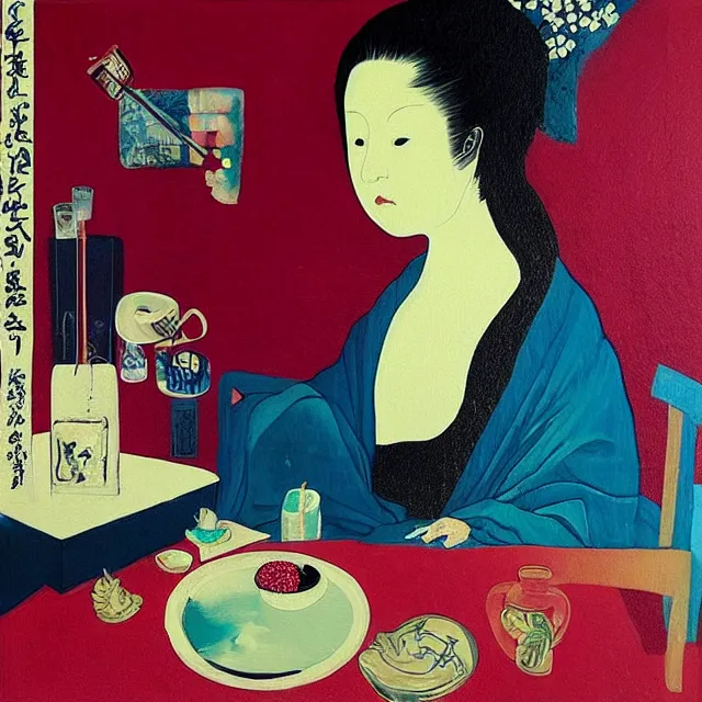 Image similar to “ a portrait in a female art student ’ s apartment, great wave off kanagawa, sensual, art supplies, a candle dripping white wax, berry juice drips, acrylic and spray paint and oilstick on canvas, surrealism, neoexpressionism ”