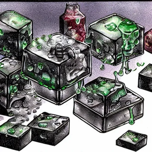 Prompt: gelatinous cubes being processed into magic items with the juice made from their bodies, d & d, hr giger