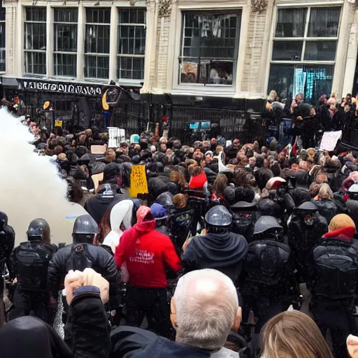 Prompt: a strong british protesters in london the weather is raining some of the protesters are burning down building