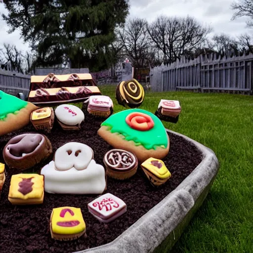 Image similar to Graveyard made out of desserts. Cookies in the shape of tombstones, cakes that look like coffins, and ice cream sundaes that have been made to look like graves. The whole graveyard is surrounded by a fence made of candy bars, and the entryway is guarded by two big chocolate Chip cookies. Photography.