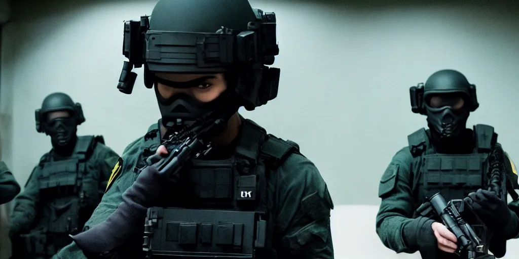 Prompt: vfx film, swat team squad crew, breach and clear, gang house, flat color profile low - key lighting award winning photography arri alexa cinematography, cinematic beautiful natural skin, famous face, atmospheric cool color - grade