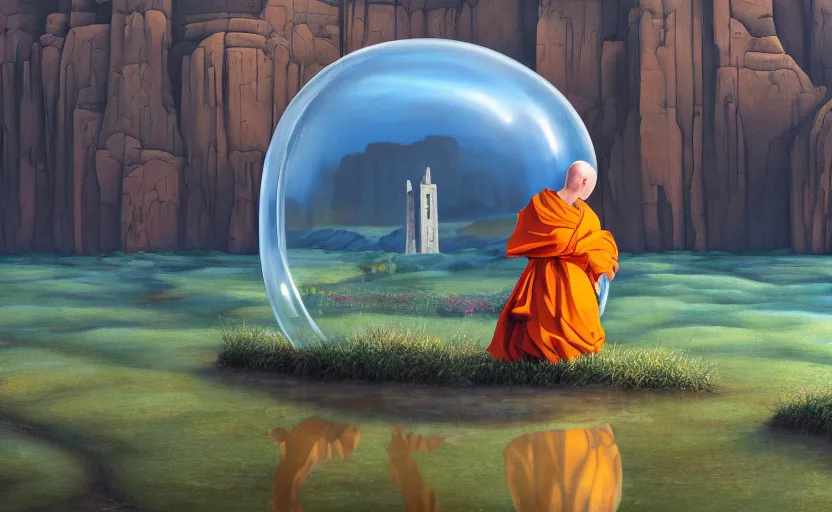 Image similar to a scary hyperrealist painting of a monk in a giant transparent bubble from howl's moving castle ( 2 0 0 4 ) in a flooded monument valley stonehenge jungle. depth perception, 4 k, artstation, in the style of studio ghibli