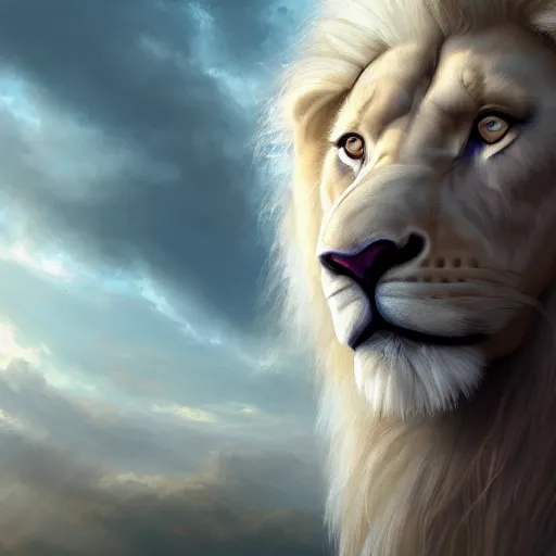 Prompt: a beautfiul aesthetic commission portrait of a anthro albino lion looking at the sky worried,attractive beautiful face,detailes face,expression,natural lighting,fantasy art,deviantart,artstation,character design by charles bowater,ross tran,4k,photorealistic,heaven-like,greg rutkowski