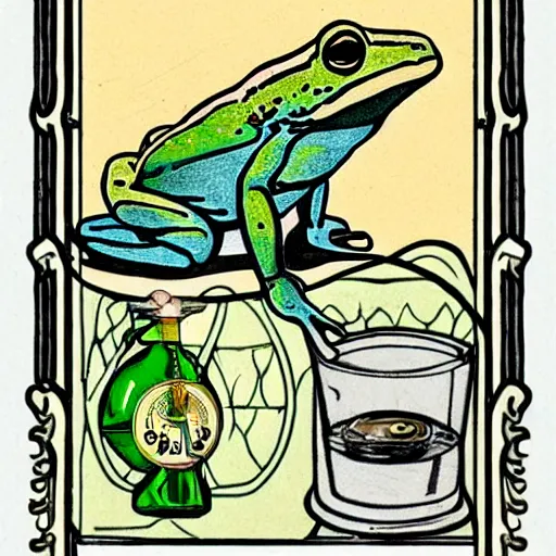 Prompt: art nouveau frog drinking absinthe on a spaceship