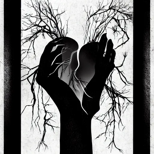 Prompt: a photoillustration of hands ripping a heart in two broken pieces, sadness, dark ambiance, an album cover by Godfrey Blow, featured on deviantart, lyco art, artwork, poster art