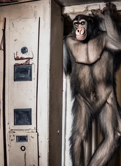 Image similar to scary half human half ape inside fuse box in post communist apartment building