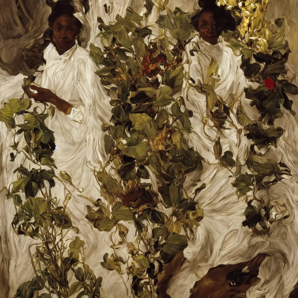 Image similar to high quality high detail painting by lucian freud, jenny savile, ilya repin and john singer sargent, black woman in a white room with many plants, intricate costume design, orientalist, partially gold, ornate, elite, luxury, hd