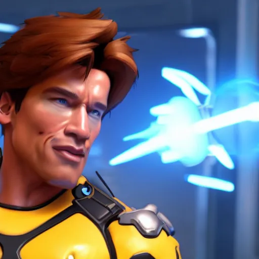 Image similar to a screenshot of arnold schwarzenegger as tracer in overwatch