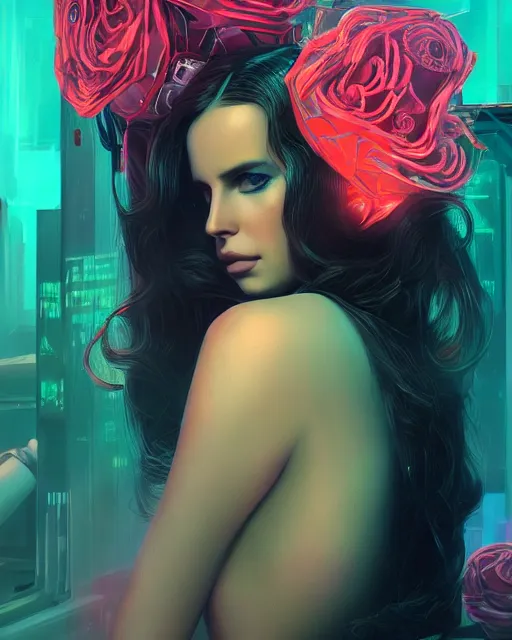 Image similar to portrait of lana del rey as a cyberpunk cyborg. roses, sci - fi, intricate abstract upper body intricate artwork, by tooth wu, wlop, beeple, dan mumford. concept art, octane render, deviantart, greg rutkowski, cinematic arthouse, key art, hyper realism, iridescent accents