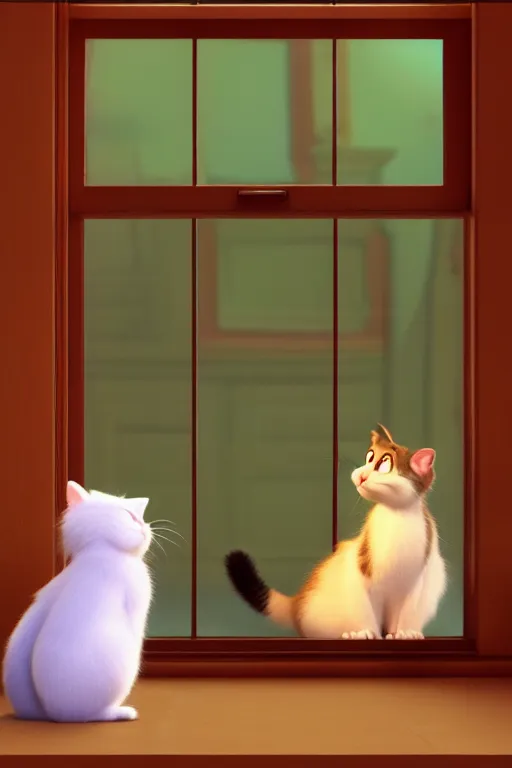 Prompt: portrait of fluffy cat and teacup inside the house and window in background, full body. pixar disney 4 k 3 d render funny animation movie oscar winning trending on artstation and behance, ratatouille style