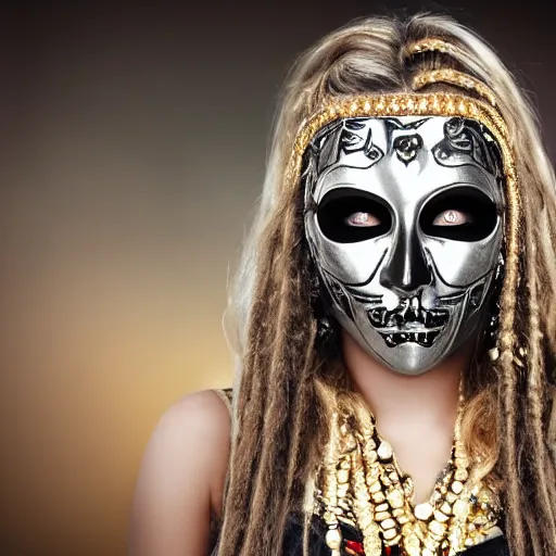 Image similar to A new dark hero for blockbuster movies. A blonde dreaded beauty with a mask of silver skulls, engraved with ancient and ultra-detailed patterns. Attractive eyes. A fearless smile. Blurred background. Earrings. Gold. Aztecs. Inca. Mexico.