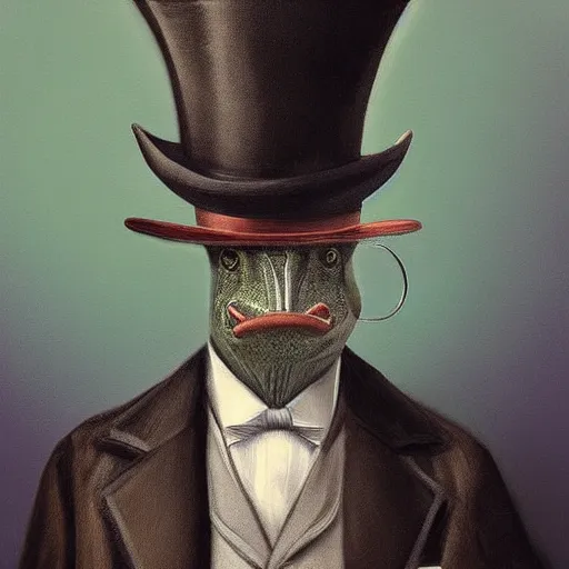 Image similar to “an anthropomorphic crocodile wearing a top hat and monocle, dapper, highly detailed, oil on canvas”