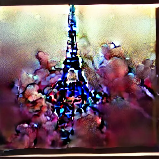 Image similar to extensive smoke rising from the top of the eiffel tower, aerial view, several police cars and crowds running across the ground, polaroid, 6 0's, hyperrealism, no blur, 4 k resolution, ultra detailed