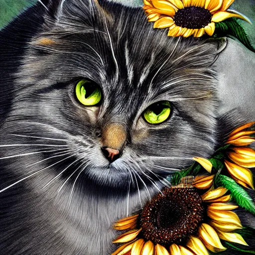 Image similar to Detailed furry silver Siberian cat kissing a black cat with sunflower background, digital art