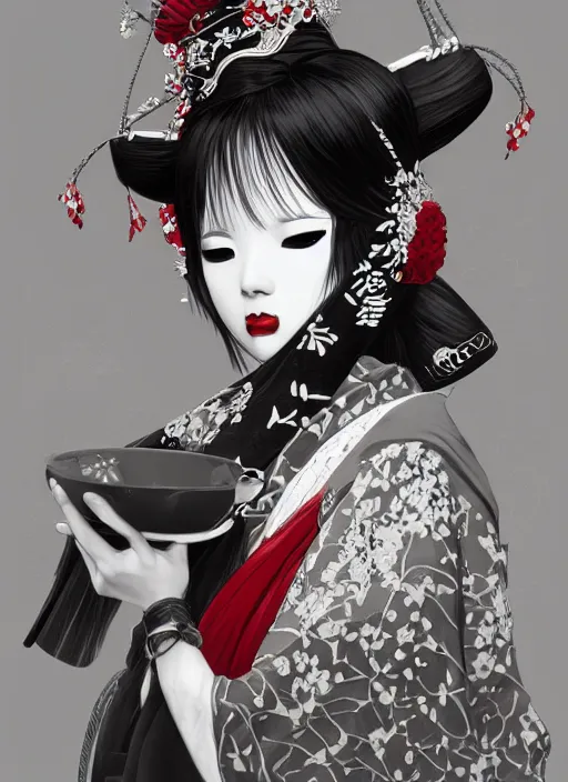 Image similar to maiko hungry, fluent composition, red white and black, concept art, ambient light, 4 k, intricate details, highly professionally detailed, cgsociety, highly detailed -