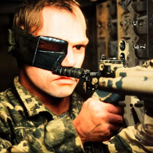 Prompt: a high quality color creepy atmospheric dimly lit extreme closeup film 3 5 mm depth of field photograph of a man wearing army fatigues, face dripping with sweat, holding a machinegun nervously pointing it in front of him getting ready to shoot, in a secret military bunker in antarctica in 1 9 8 2