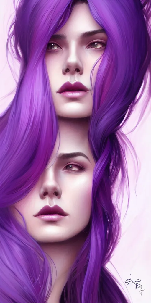 Image similar to Purple hair, creative colouring Portrait of woman face profile, fashion, coloured strands of hair, intricate, elegant, highly detailed, digital painting, artstation, concept art, smooth, sharp focus, illustration, art by artgerm and greg rutkowski and alphonse mucha, 8k