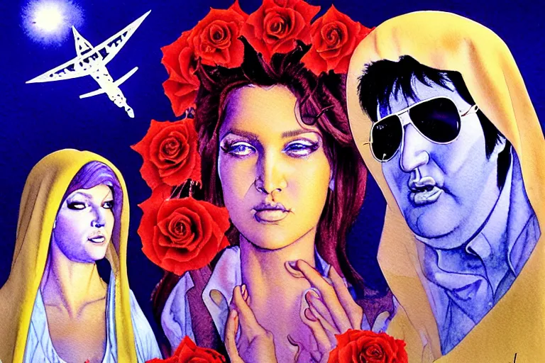 Image similar to a hyperrealist watercolour character concept art portrait of the virgin mary and elvis on well lit night in las vegas, nevada. there is a ufo. roses adorn. by rebecca guay, michael kaluta, charles vess and jean moebius giraud