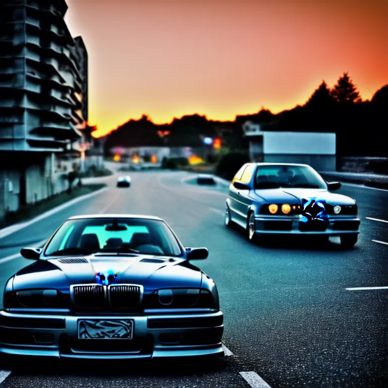 Prompt: close-up-photo BMW E36M middle of street, sunset kanagawa prefecture, night, cinematic color, photorealistic, highly detailed,