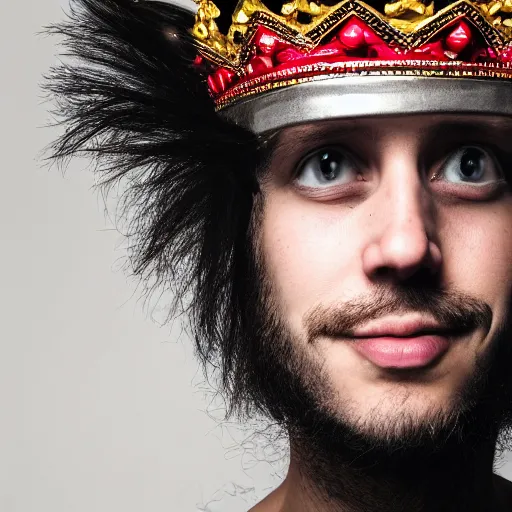 Image similar to man with a crown, smirk, photograph, black backgrounds, red eyes