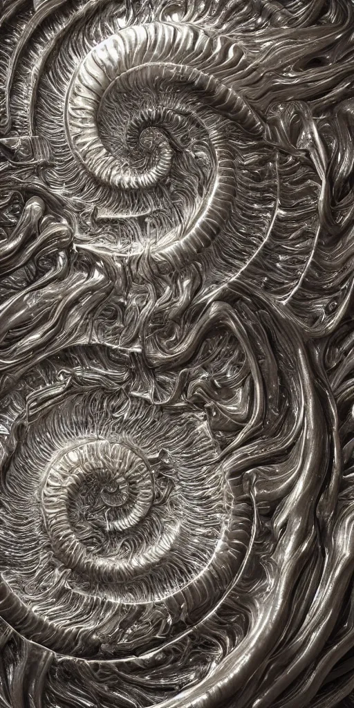 Image similar to a photorealistic render of a 3 d nautilus sculpture, made of liquid metal and marble, c 4 d, by zhelong xu, ernst haeckel, hyper realistic, plain background, 8 k, volumetric lightning, octane render