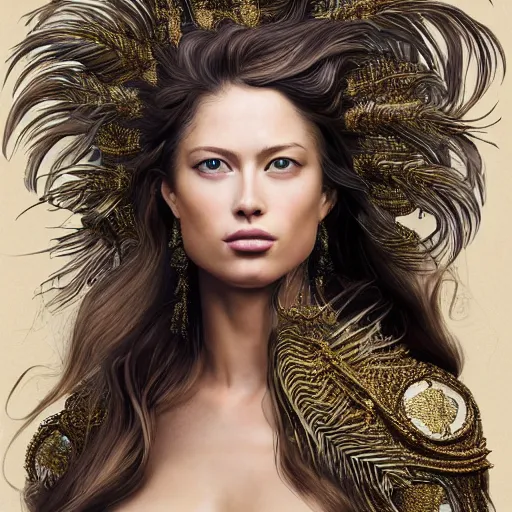 Image similar to 8 5 mm f 1. 8 portrait of a girl that is a mixture between claudia guarnierni and doutzen kroes, she is about 2 5 years old, long curly hair, she is wearing a ornate costume with feathers by iris van herpen, highly detailed, digital painting, artstation, smooth, sharp foccus, artstation hq